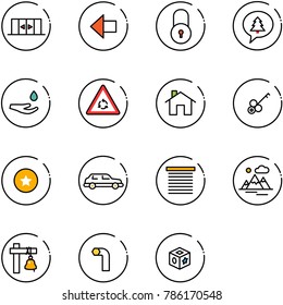 line vector icon set - automatic doors vector, left arrow, lock, merry christmas message, drop hand, round motion road sign, home, key, star medal, limousine, jalousie, mountains, ship bell, allen