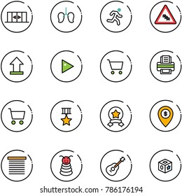 line vector icon set - automatic doors vector, lungs, run, multi lane traffic road sign, uplooad, play, cart, printer, star medal, atm map pin, jalousie, pyramid toy, guitar, cube
