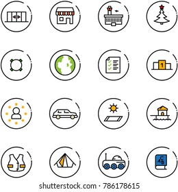 line vector icon set - automatic doors vector, duty free, airport building, christmas tree, currency, globe, list, pedestal, star man, limousine, mat, bungalow, life vest, tent, moon rover, abc book