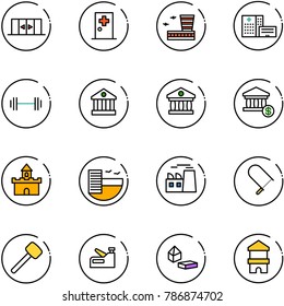 line vector icon set - automatic doors vector, first aid room, airport building, hospital, barbell, bank, account, sand fort, hotel, plant, fretsaw, rubber hammer, stapler, constructor blocks