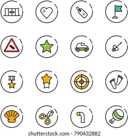 line vector icon set - automatic doors vector, heart, medical label, flag, multi lane traffic road sign, star, car, key, medal, target, feet, shell, scissors, allen, beanbag