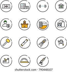 line vector icon set - automatic doors vector, hospital building, barbell, bank, account, sand fort, hotel, plant, rubber hammer, level, bolt cutter, cocncrete mixer, stapler, construction helmet