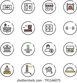 line vector icon set - automatic doors vector, elevator, duty free, baggage room, airport building, barbell, bank, account, store, lighthouse, cocncrete mixer, construction helmet