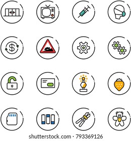 line vector icon set - automatic doors vector, tv, syringe, medical mask, dollar exchange, climb road sign, gear, unlocked, envelope, award, strawberry, micro flash card, battery, bolt cutter