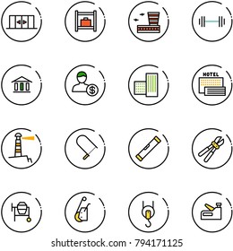 line vector icon set - automatic doors vector, baggage room, airport building, barbell, bank, account, sea hotel, lighthouse, fretsaw, level, bolt cutter, cocncrete mixer, winch, stapler