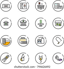 Line Vector Icon Set - Automatic Doors Vector, Elevator, Airport Building, Hospital, Bank, Store, Hotel, Sea, Plant, Fretsaw, Bolt Cutter, Winch, Constructor Blocks