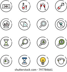 line vector icon set - automatic doors vector, wine, glasses, champagne, snowball house, heart diagnosis, bacteria, no alcohol sign, sand clock, magnifier, head hunter, search money, green tea, bulb