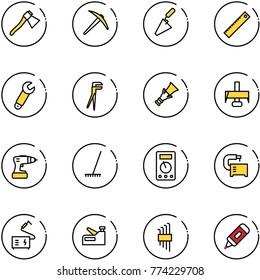 line vector icon set - axe vector, trowel, ruler, wrench, plumber, dowel, milling cutter, drill, rake, multimeter, machine tool, welding, stapler, allen key set, marker