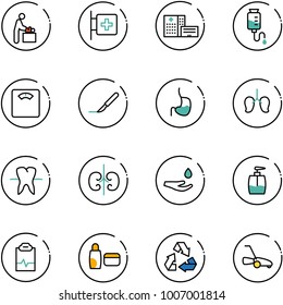 line vector icon set - baby room vector, first aid, hospital building, drop counter, floor scales, scalpel, stomach, lungs, tooth, kidneys, hand, liquid soap, pulse clipboard, uv cream, recycling