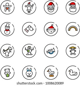 line vector icon set - baby vector, santa claus, snowman, dog, christmas elf, rainbow, dinosaur toy, robot, horn, doll, bear, rabbit, duck