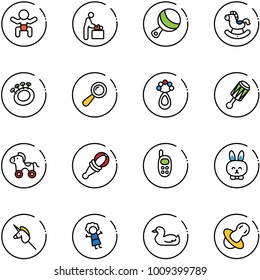line vector icon set - baby vector, room, beanbag, rocking horse, wheel, phone toy, rabbit, unicorn stick, doll, duck, soother