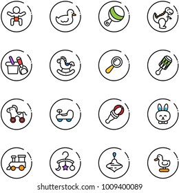 line vector icon set - baby vector, duck toy, beanbag, dinosaur, shovel bucket, rocking horse, wheel, car, rabbit, train, carousel, wirligig