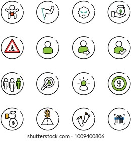 line vector icon set - baby vector, power hand, virus, investment, pedestrian road sign, user, login, check, group, head hunter, idea, dollar, rich, feet, fingerprint scanner