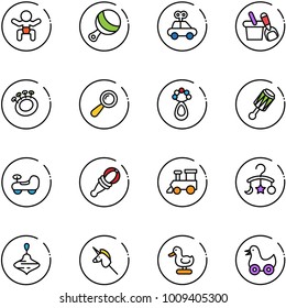 line vector icon set - baby vector, beanbag, car toy, shovel bucket, train, carousel, wirligig, unicorn stick, duck