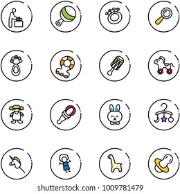 line vector icon set - baby room vector, beanbag, teethers, wheel horse, doll, toy rabbit, carousel, unicorn stick, giraffe, soother