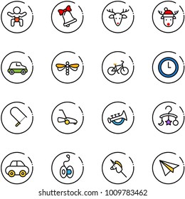 line vector icon set - baby vector, bell, christmas deer, hat, car, dragonfly, bike, clock, fretsaw, lawn mower, horn toy, carousel, yoyo, unicorn stick, paper plane