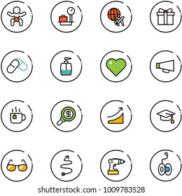 line vector icon set - baby vector, baggage scales, plane globe, gift, pills, liquid soap, heart, loudspeaker, hot tea, search money, rise, graduate hat, sunglasses, trip, drill, yoyo