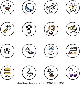 line vector icon set - baby vector, ball, dinosaur toy, bear, beanbag, teethers, xylophone, cube, constructor blocks, rabbit, train, block house, wirligig, duck