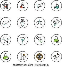 line vector icon set - baby vector, disabled, power hand, stomach, liver, heart, lungs, brain, tooth, bladder, investment, user login, check, opportunity, dollar, feet