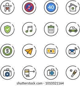 line vector icon set - baby vector, no parkin odd, minimal speed limit road sign, home, shield check, music, trash bin, car, dollar, paper fly, money, wireless mail, camera, laser lever