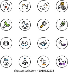 line vector icon set - baby vector, bucket scoop, duck toy, abc cube, beanbag, rocking horse, car, horn, constructor blocks, rabbit, wirligig