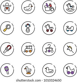 line vector icon set - baby vector, duck toy, shovel bucket, rocking horse, beanbag, wheel, car, train, carousel, unicorn stick