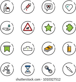 line vector icon set - baby room vector, firework rocket, bow message, heart, drop hand, railway intersection road sign, star, puzzle, flag, pedestal, dollar, drink, satellite, sand clock, link