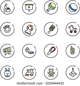 line vector icon set - baby room vector, presentation board, beanbag, ball, teethers, wheel horse, xylophone, constructor blocks, phone toy, rabbit, train, bear, wirligig