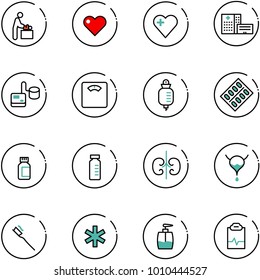 line vector icon set - baby room vector, heart, hospital building, tonometer, floor scales, drop counter, pills blister, bottle, vial, kidneys, bladder, tooth brush, ambulance star, liquid soap
