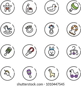 line vector icon set - baby vector, room, duck toy, beanbag, rocking horse, teethers, rabbit, carousel, unicorn stick, giraffe