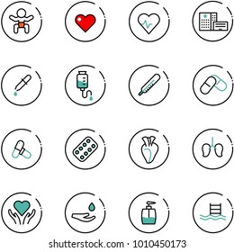line vector icon set - baby vector, heart, pulse, hospital building, pipette, drop counter, thermometer, pills, blister, lungs, care, hand, liquid soap, pool