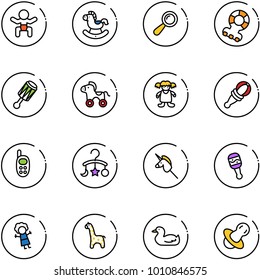 line vector icon set - baby vector, rocking horse, beanbag, teethers, wheel, doll, phone toy, carousel, unicorn stick, giraffe, duck, soother