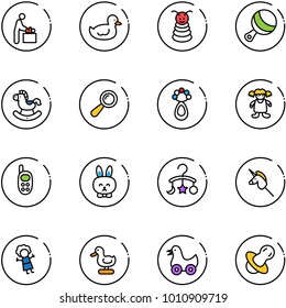 line vector icon set - baby room vector, duck toy, pyramid, beanbag, rocking horse, doll, phone, rabbit, carousel, unicorn stick, soother