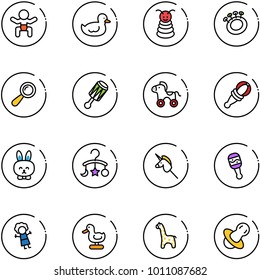 line vector icon set - baby vector, duck toy, pyramid, beanbag, wheel horse, rabbit, carousel, unicorn stick, doll, giraffe, soother