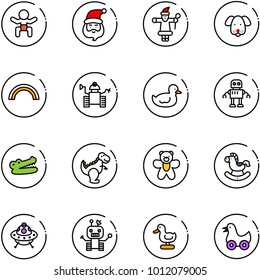 line vector icon set - baby vector, santa claus, dog, rainbow, robot, duck toy, crocodile, dinosaur, bear, rocking horse, ufo