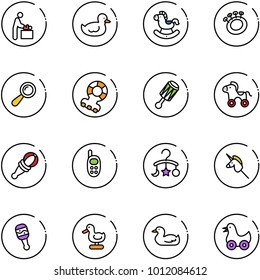 line vector icon set - baby room vector, duck toy, rocking horse, beanbag, teethers, wheel, phone, carousel, unicorn stick