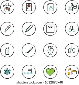 line vector icon set - baby vector, first aid room, diet list, tonometer, pipette, thermometer, floor scales, pills, vial, scalpel, heart, lungs, ambulance star, pool, uv cream