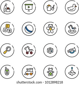 line vector icon set - baby room vector, presentation board, bucket scoop, duck toy, abc cube, ball, bear, rocking horse, beanbag, wheel, horn, phone, train, wirligig