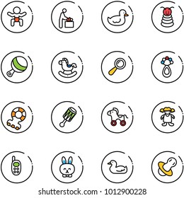 line vector icon set - baby vector, room, duck toy, pyramid, beanbag, rocking horse, teethers, wheel, doll, phone, rabbit, soother