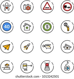line vector icon set - baby vector, camera, rough road sign, no trailer, minimal speed limit, home, dollar, world, paper fly, rocket, helicopter, bungalow, laser lever, pyramid toy, yoyo