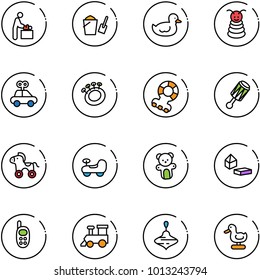 line vector icon set - baby room vector, bucket scoop, duck toy, pyramid, car, beanbag, teethers, wheel horse, bear, constructor blocks, phone, train, wirligig
