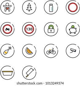 line vector icon set - baby vector, christmas tree, vial, prohibition road sign, no moto, speed limit 130, locked, piggy bank, fizz opening, watermelone, bike, surveillance camera, basin