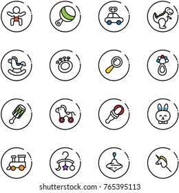 line vector icon set - baby vector, beanbag, car toy, dinosaur, rocking horse, wheel, rabbit, train, carousel, wirligig, unicorn stick