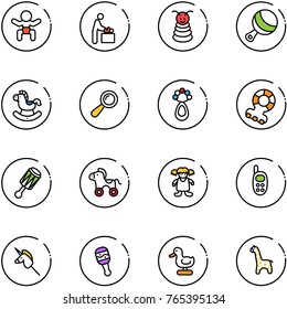 line vector icon set - baby vector, room, pyramid toy, beanbag, rocking horse, teethers, wheel, doll, phone, unicorn stick, duck, giraffe
