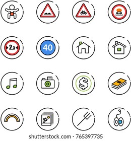 line vector icon set - baby vector, rough road sign, for moto, no dangerous cargo, limited width, minimal speed limit, home, music, camera, dollar, rainbow, photo, farm fork, yoyo