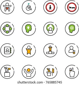 line vector icon set - baby vector, disabled, no pedestrian road sign, cart horse, friends, head bulb, man globe, brain work, contact book, success, winner, win, speaker, victory