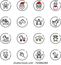 line vector icon set - baby vector, santa claus, snowman, sleigh, dog, robot, dinosaur toy, rocking horse, wheel, elephant, doll, bear, unicorn stick, duck
