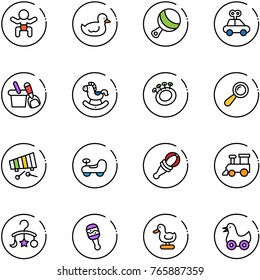 line vector icon set - baby vector, duck toy, beanbag, car, shovel bucket, rocking horse, xylophone, train, carousel