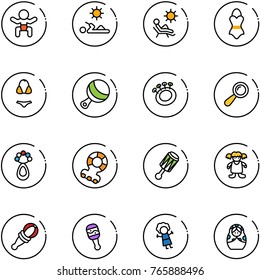 line vector icon set - baby vector, reading, beach, swimsuit, beanbag, teethers, doll, russian