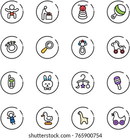 line vector icon set - baby vector, room, pyramid toy, beanbag, wheel horse, phone, rabbit, carousel, doll, duck, giraffe